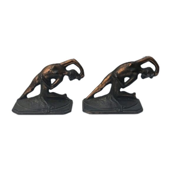 Antique 1930 Dancing Nude Female Cast Iron Book End Art Deco Art Nouveau Design - Picture 4 of 5